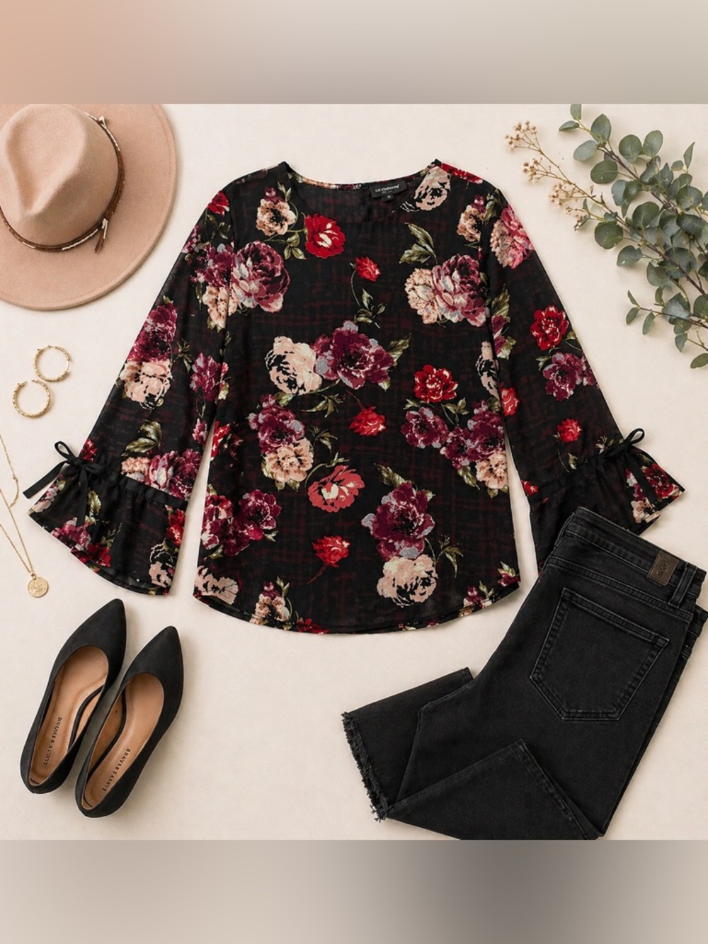 Liz Claiborne Black Sheer Floral Blouse XL Romantic Boho Bell Sleeve